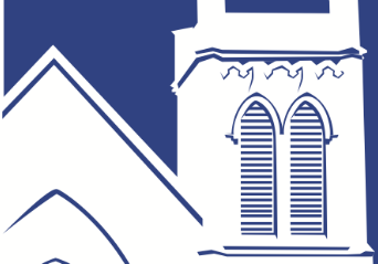 A blue and white drawing of a church